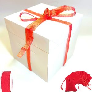 Sokids White Tall Cake Box | Pack Of 5 Cake Boxes / Gift Box With Lid | 10 Jewelry Gift Pouches / Christmas Candy Pouches | Square Large Wedding Cake Box With 17 Meter Red Shimmer Ribbon